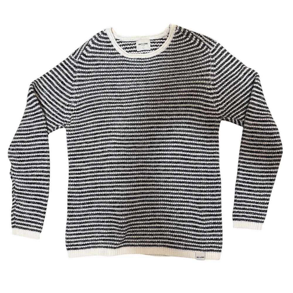 Only & Sons Black & White Stripe Knit Sweater Crew Neck Mens Large Casual